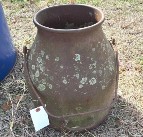 Antique Metal Milk Can for sale in online auction offered by Kiefer Auctioneers in Texas