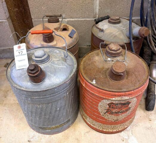 Vintage Metal Gas Cans in online auction offered by Kiefer Auctioneers in Texas