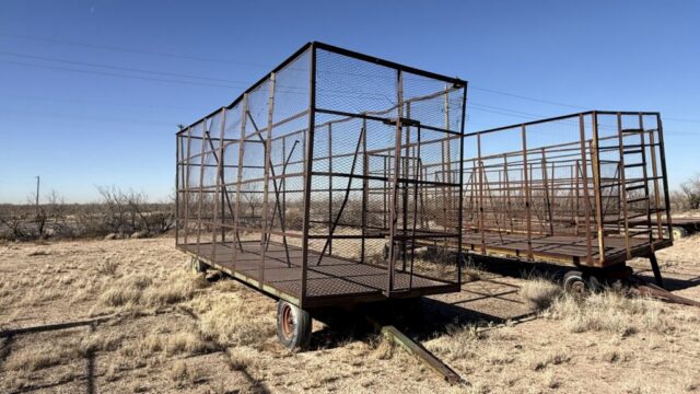 Vintage agricultural cage trailers in public auction offered by Kiefer Auctioneers in West Texas