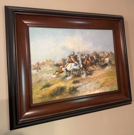 Framed canvas art print of The Custer Fight, 1903 by Charles Marion Russell in upcoming online auction offered by Kiefer Auctioneers in Texas