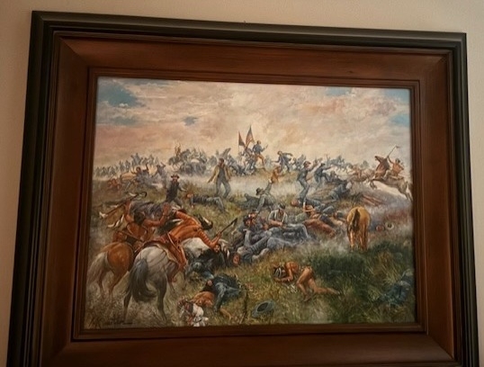 Framed painting of the Battle of the Little Bighorn, historically known as Custers Last Stand in upcoming online auction offered by Kiefer Auctioneers in Texas
