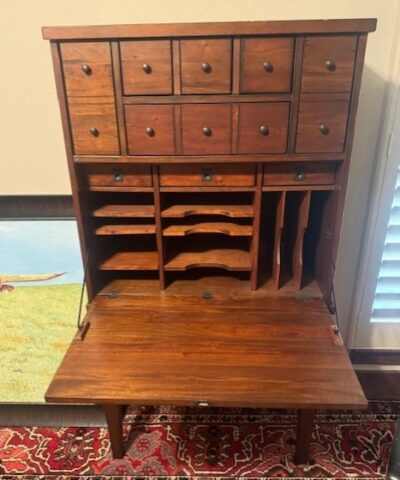 Vintage mahogany apothecary-style drop front desk in upcoming online auction offered by Kiefer Auctioneers in Texas